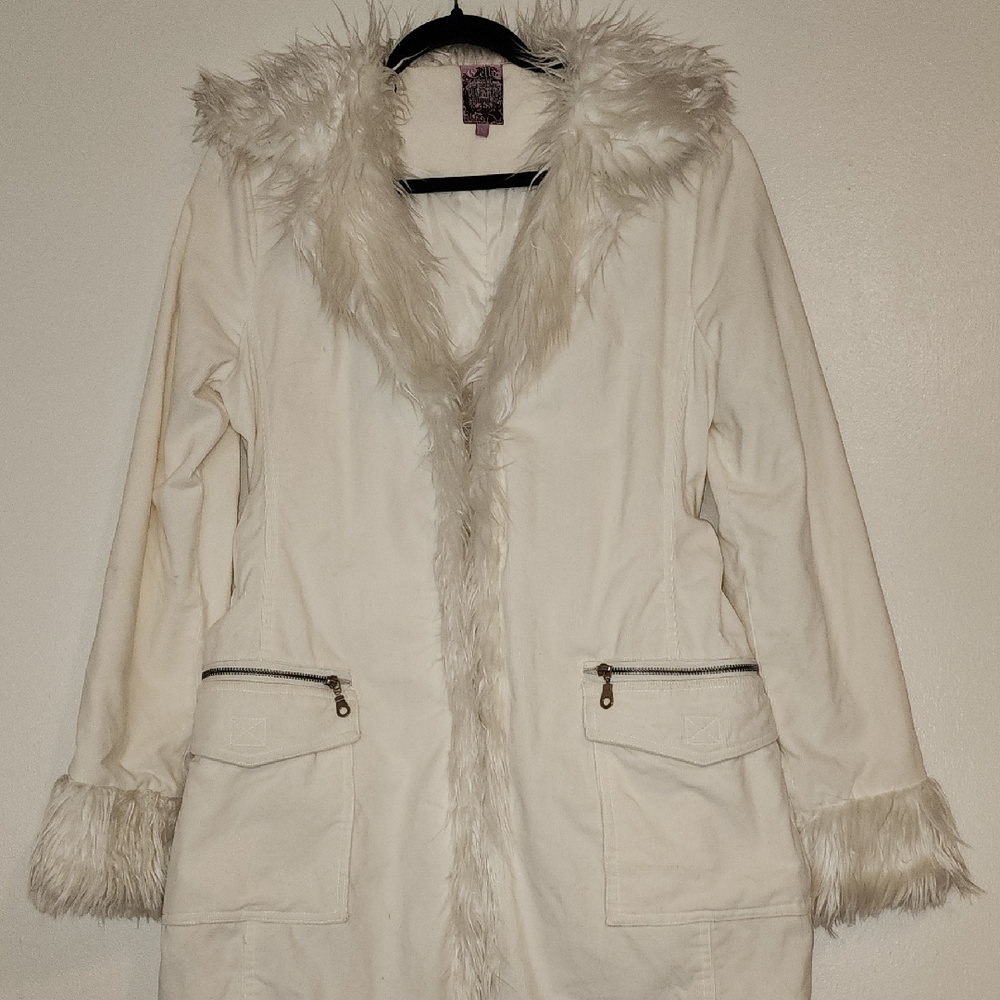 Cello White Teddy Jacket with Faux Fur Trim